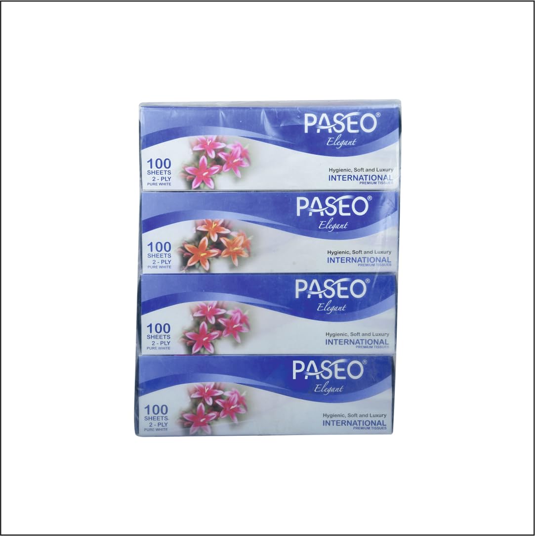 Paseo Elegant International Premium Facial Tissue | Hygienic & Luxuriously Soft | Pure Pulp & Skin Safe | 2Ply | 100 Pulls Each | 32 Boxes |-image-35