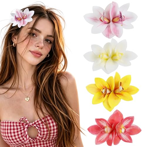 4 Pinzas para el cabello con flores hawaianas artificiales miniatura 1