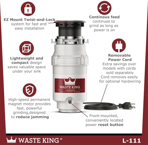 Waste King Garbage Disposal for Kitchen Sink with Power Cord, Compact Food Waste Disposer, L-111 by Waste King - Image 4