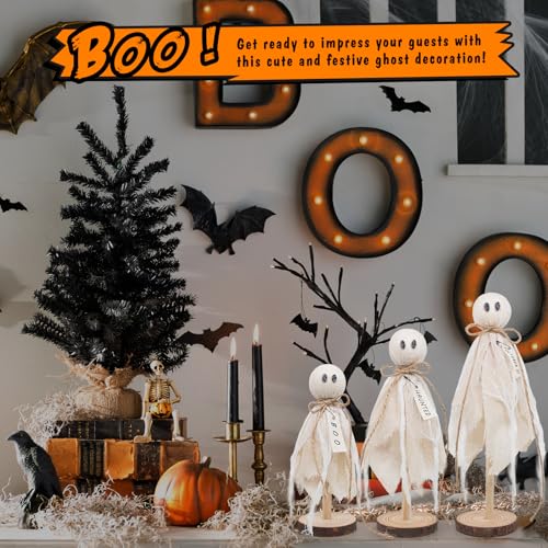Wooden Ghost Halloween Decorations Indoor– Set of 3 $3.99 Sizes Rustic Shelf Sitters with Fabric Ghost Figures - image 4