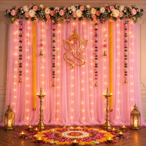 Image of Shimmers 6 Pc Pink Net Curtain Decoration Kit | 2 Curtains 4x8 FT | Ribbon & 2 Hooks | Birthday, Baby Shower, Party Backdrop