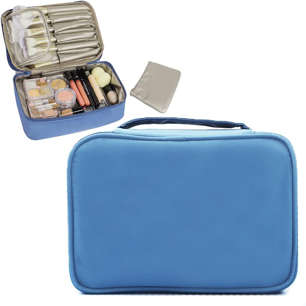 Two-Layer Zipper Nylon Soft Cosmetic Bag Jewelry Case Lightweight Travel Brush Kits Makeup Toiletries Organizer