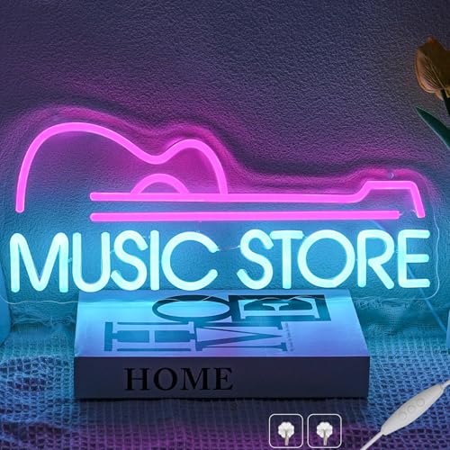 Image of Music Store Neon Sign for Wall Decor, Dimmable Guitar Neon Light, USB Powered Guitar LED Light Signs for Bedroom Studio Music Live Record Club Bar Party