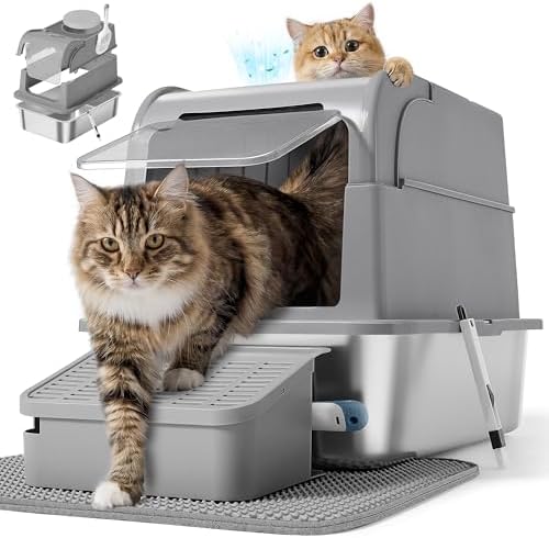Feandrea Katzenklo Edelstahl, mit Deckel, geschlossen, 2 Eingänge | Katzentoilette, inklusive Pedal und Katzenstreumatte, für Katzen bis 15 kg, taubengrau, BOXAL Kollektion PPT021G