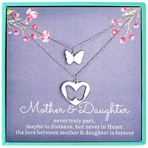 ASHLI JENA Necklaces - Matching Butterfly Heart Necklace Jewelry Sets for 2Pcs 925 Sterling Silver White Gold Plated Necklace Jewelry for Mom Women (A2-Butterfly Necklace Set) Cover