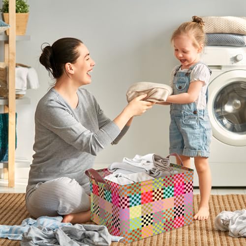 Image of Colorful Checkered Storage Basket Waterproof Canvas Toy Storage Bin Checkered Home Decor Collapsible Outdoor Basket with Leather Handles Blanket Baskets For Closets,Bedrooms,Classroom,Gifts Baskets