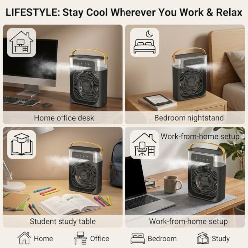 Image of DRUMSTONE (Luxurious 5 Year Warranty) Portable Mini Air Conditioner for Room with USB Powered Evaporative Cooling, Personal Air Cooler Fan, 3 Speed Settings, Timer, 360 Adjustable Airflow for Home