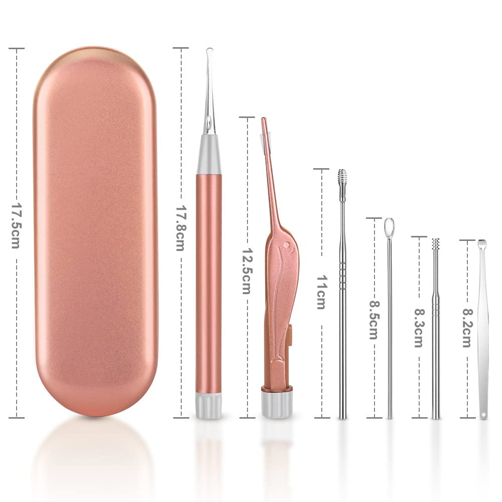 Vicloon Pulisci Orecchie, 15 Pezzi Kit Rimozione Cerume, Strumenti per Pulizia Dell’Orecchio con LED, 2 Lente D'ingrandimento e 6 Tamponi, Con Scatola Portaoggetti, Adatto per Adulti e Bambini