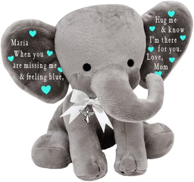 Memorial Gift for Child, Comfort a Child - A Truly Unique Condolence or Grieving Gift - A Personalized Plush Elephant with Ribbon and Angel Charm - Honoring Deceased Loved Ones