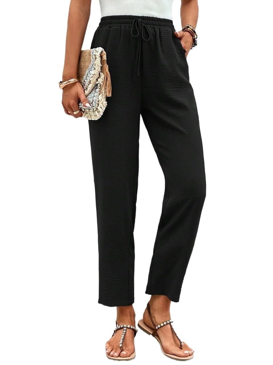 Womens Fall Solid Drawstring Waist Straight Leg Pants Trousers Black