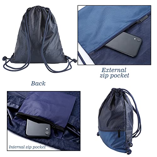 Image of Drawstring Backpack Bag, Waterproof Draw String Back Sack with Zip Pocket, Gym Drawstring Bags Swim Bag for Men Women