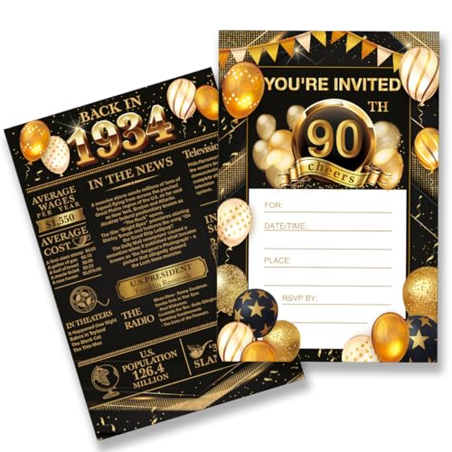 EUDOSI 90th Birthday Party Invitations - Back in 1934 Invites Black and Gold 90 Year Old Birthday Invitations Set for Bday Anniversary (20 Invitations and Envelopes)