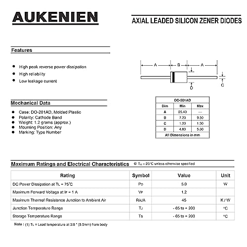 AUKENIEN 1N5349B 1N5349 5W 12V Power Zener Diode 5 Watt 12 Volt T-18 (CASE17-02) Axial Dioden (Packung mit 20 Stück)