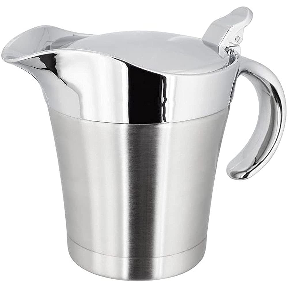 Ancllo Silver Gravy Boat Stainless Steel Gravy Boat Sauce Jug, Double Wall Insulated Gravy Jug With Lid Ideal For Gravy, Custard, Cream, Sauce (450Ml)