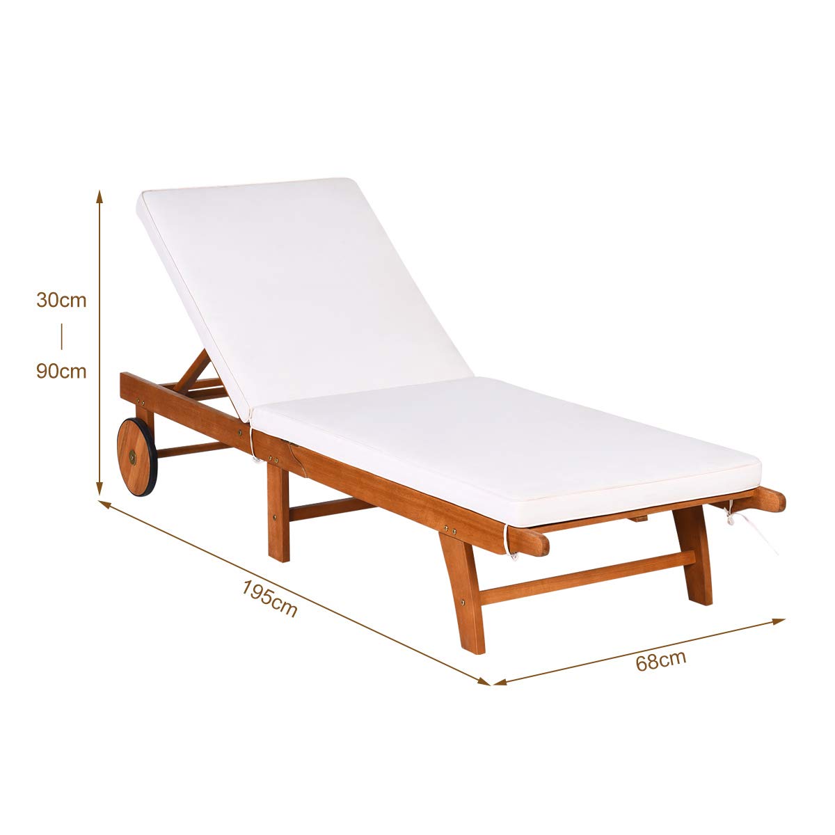 COSTWAY Sonnenliege mit Rollen und Auflage, klappbare Gartenliege mit Verstellbarer Rückenlehne, Liegestuhl aus Holz, Balkonliege, Strandliege für Garten, Balkon und Terrasse