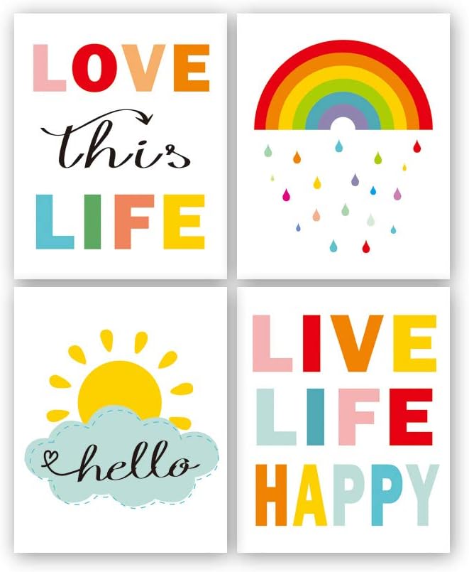 KAIRNE Colorful Rainbow and Sunshine Quotes Art Print,Set of 4(8 "x10) Inspirational Canvas Poster Painting,Weather Nursery Wall Art for Classroom Or Kid Room Home Decor,No Frame