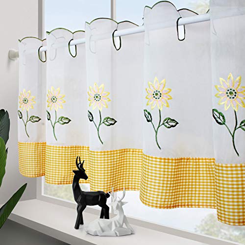 Zhh E-Commerce Sunflower Cafe Curtain Pastoral Style Embroidery Classical Curtain Valance Semi-Shading Window Decor, Yellow Bottom White Voile Curtain, 17" X 59" #TOP2