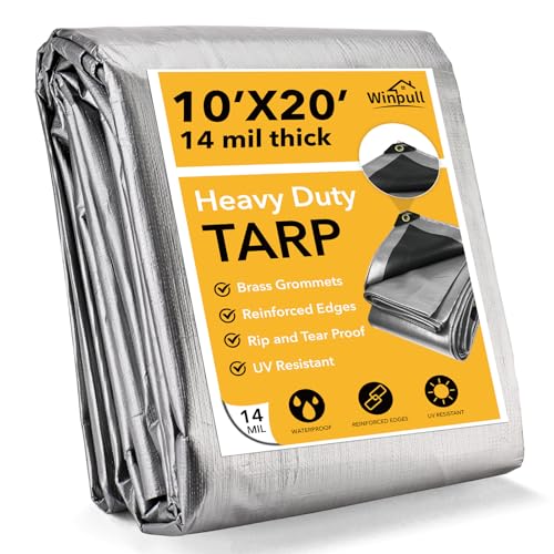 Winpull Tarp 10x20 Feet 14 Mil Heavy Duty Waterproof Tarp, Large Multipurpose Cover with Brass Grommets and Reinforced Edges, UV Resistant Thick Poly Tarps for Outdoor Camping Tent Pool Car