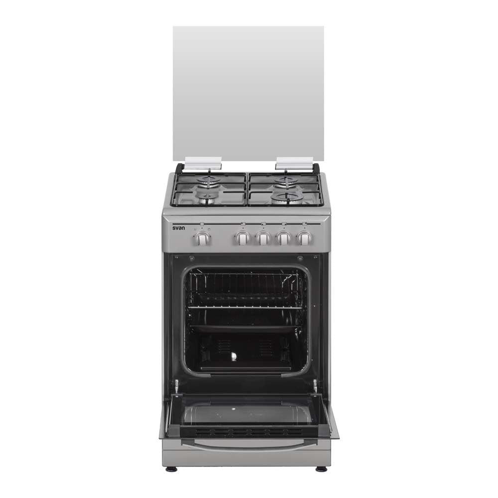 Svan Kuchenka butanowa z piekarnikiem 55 litrów Inox SKG4500X - 4 strefy gotowania, piekarnik z grillem, zestaw do konwersji gazu naturalnego, wykończenie ze stali nierdzewnej