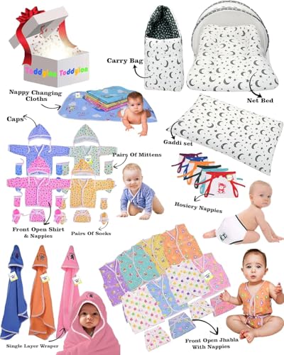 Image of Toddylon 56 in 1 New Born Baby Products All Baby Bedding Set | Baby Clothes | Gift Packs | Hospital Kit | Essentials Items | Infants Combo (0-6 Months)