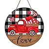 Deroro happy valentines day love sign front door decor farmhouse red truck hearts wood door hanger black white buffalo plaid wooden wreath pediment plaque outdoor indoor wall hanging decorations  urban country home decor