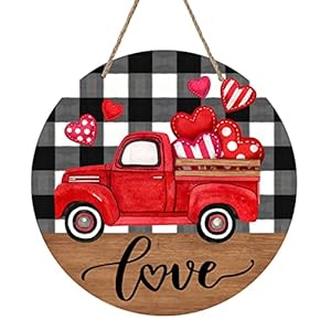 Deroro Happy Valentines Day Love Sign Front Door Decor Farmhouse Red Truck Hearts Wood Door Hanger Black White Buffalo Plaid Wooden Wreath Pediment Plaque Outdoor Indoor Wall Hanging Decorations