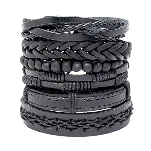 6 Pcs/Lot Handmade Ethnic Tribal Genuine Wrap Charming Wood Beads Male Black Braided Leather Bracelets Bangles Birthday Gift (B As Shown) #TOP30