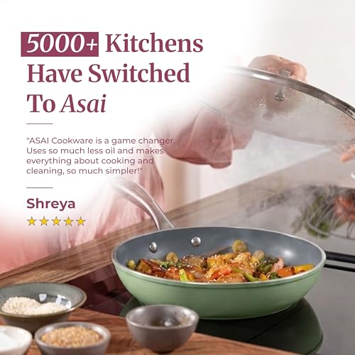 Image of Asai Ceramic Pan for Cooking 24cm Swiss Non-Stick Frying Pan with Lid | Green | Lab-Tested | 100% Toxin Free | No PFAS, PFOA, PTFE | Superior Swiss Ceramic | Induction Safe │ ISI & FDA Approved