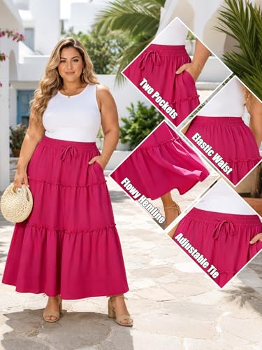 Image of Moon Wood Plus Size Maxi Skirts for Women Trendy Long Flowy Boho Tiered Skirt Renaissance Summer Beach Skirt with Pockets