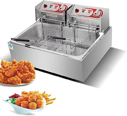 Freidora de un solo tanque de 20 litros, con tapa de cesta, rango de control de temperatura ajustable, freidora eléctrica de acero inoxidable para encimeras de restaurantes comerciales, coci