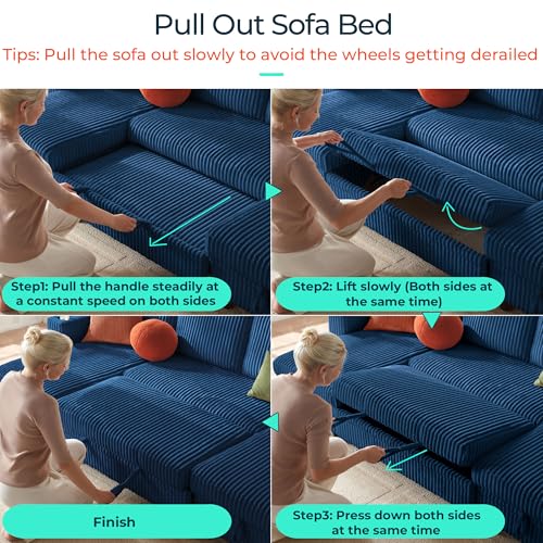 Image of LINSY HOME Sectional Sleeper Sofa with Pull Out Couch Bed - Convertible Plush Corduroy Cloud Couch with Storage Chaise & USB Charging, Comfy U Shaped Modular Couches for Living Room, Blue