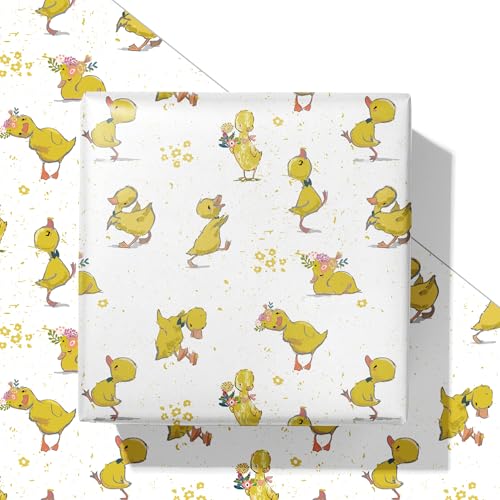 SaringSwoon Spring Duck Wrapping Paper - Yellow Gift Wrap with Cute Duckling and Floral Design for Easter Birthday Baby Shower Spring - 2840 Inches 4 Jumbo Folded Sheets