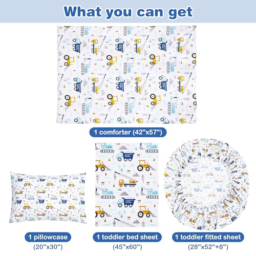 Image of Lasoftan Cars Toddler Bedding Set, 4-Piece Bed-in-a-Bag Comforter Set for Boys, Construction Truck Bedding, Machine Washable