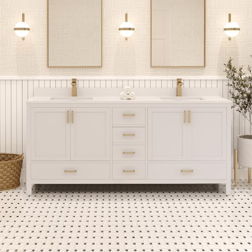 Rooh-72-in-White-Double-Sink-Bathroom-Vanity-Set-with-White-Quartz-Countertop-4-Soft-Closing-Doors-5-Full-Extention-Soft-Close-Drawers-Gold-Hardware Rooh 72 in White Double Sink Bathroom Vanity Set with White Quartz Countertop 4 Soft Closing Doors 5 Full Extention Soft Close Drawers Gold Hardware