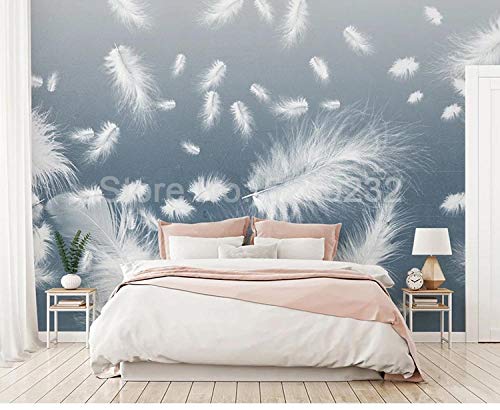 Fresque murale chambre bleu aquarelle et plume blanche 250x175 - 2