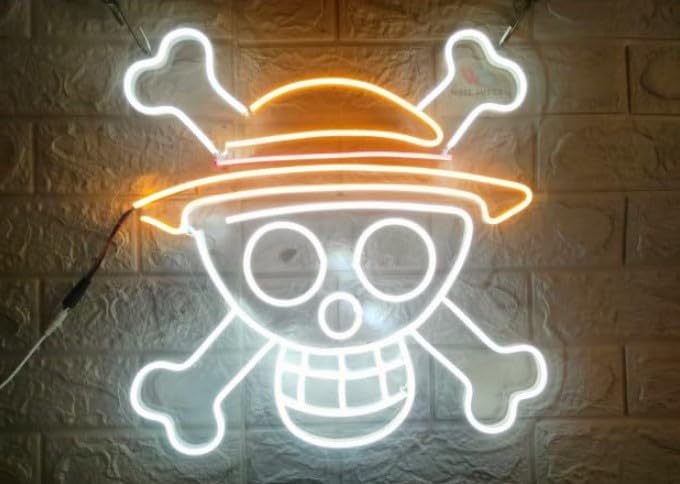Wall Mitra Skull Head Neon Signs Japanese Anime Luffy One Piece Anime Flexible Night Light Sign Indoor Home Kids Teen Bedroom Wall Art Decor For Bar Club Party Halloween Gifts(24x12) WHITE,RED,YELLOW-image-1