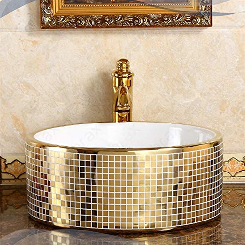 Cuba Redonda Banheiro Lavabo Em Louça Dourada Sobrepor Tubrax