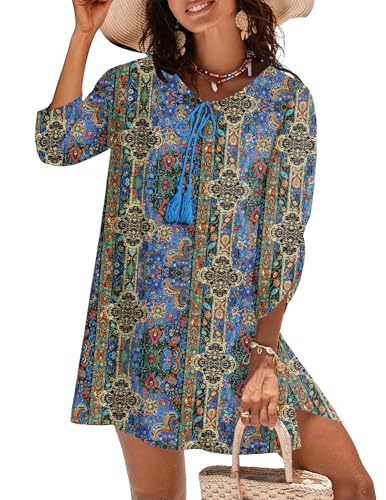 Image of Zeagoo Womens Boho Dresses Casual Beach Summer Dress Tassel Tie Neck 3 /4 Long Sleeve Mini Sundress 2026 Floral Print Cover Up