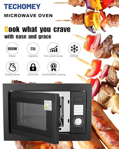 تيكومي فرن ميكروويف مدمج مع شواية 25 لتر، 900 واط، ميكروويف صغير مع 8 قوائم اوتوماتيكية، 5 مستويات طاقة للميكروويف، شاشة LED كبيرة للمنزل والمطبخ والمسكن والمكتب، اسود
