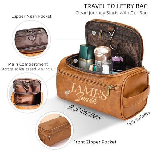 Men's Customizable Hanging Toiletry bag for man Dopp Kit Bag for Travel, Wedding Groomsmen Gifts, Father's Day，Christmas Birthday Presents for Dad, Husband, Grandpa，Lover （Brown）3
