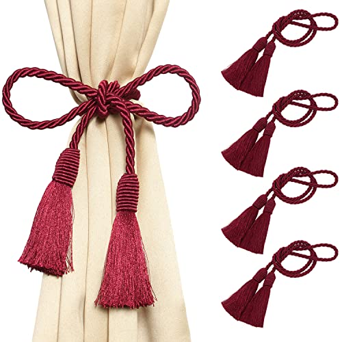 Image of 4 Pack Curtain Tiebacks Handmade Decorative Curtain Holdbacks Rope with Tassel - Burgandy
