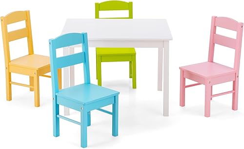 Miniatura 19 de KOTEK Juego de mesa y 4 sillas de madera para niños, mesa de actividades múltiples para aprender, jugar, dibujar, mesa de picnic y sillas para el