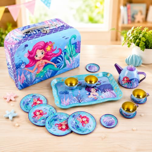Image of VikriDA Cute Mermaid Kids Tea Set, 15Pcs Tea Party Set for Toddlers Afternoon Tea Time Playset with Teapots Tea Cups Play Dishes Princess Toys Gifts with Carry Case