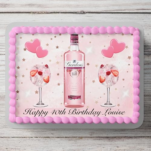 Pink Gin Drink Themed Personalised Cake Topper A4 Size Edible Icing Sheet Birthday Cake Decoration