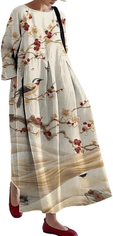 Womens Maxi Dress Plus Size Vintage Floral Japanese Print Trendy Casual Crew Neck Dress