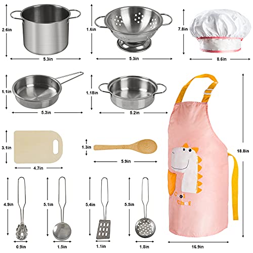Sundaymot Küchenspielzeug Zubehör, Kinderküche Kochgeschirr Mit Edelstahl Töpfe Pfannenset, Schürze und Kochmütze, Gemüse Lebensmittel Spielzeug Rollenspiele Set für Mädchen Jungen – Bild 4