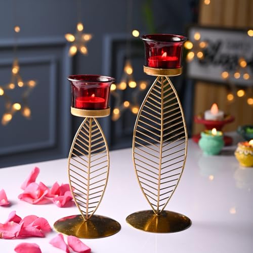 Image of Market99 (2 Votive) Leaf T- Lite Holder Set of 2 | Iron T-Light Holder with Leaf Shape & Red Color | Glossy Finish | Home Decor T-Light Holder | Decorative Item for Festive Season | Leaf Design