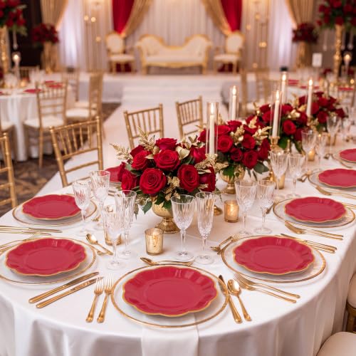 Image of 30 Pcs Red Plates with Gold Trim 7 Inch Scalloped Red and Gold Paper Plates