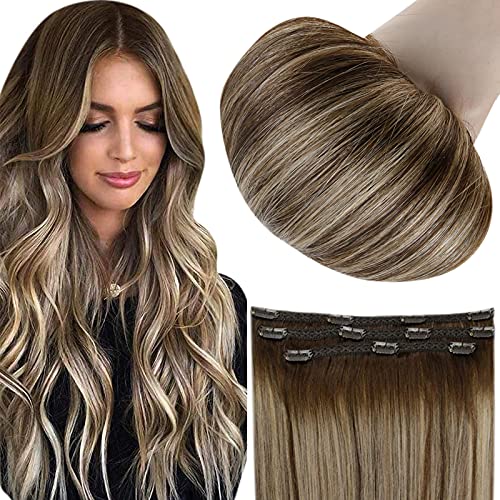 Full Shine Clip in Natural Hair Extensions Balayage Brown Fading to Blonde Human Hair Lace Clip ins 3 Pcs Double Weft Hair Extensions 50 Gram Lace Clip Hair Extensions 20 Inch