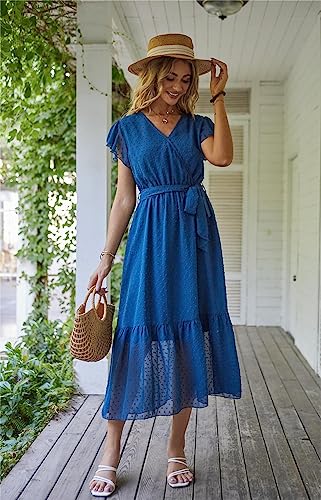 Image of VintageClothing Womens Sundress Casual Floral Summer Boho Dress | Flowy Wrap V Neck Ruffle A-Line Pleated Hem Midi Dresses